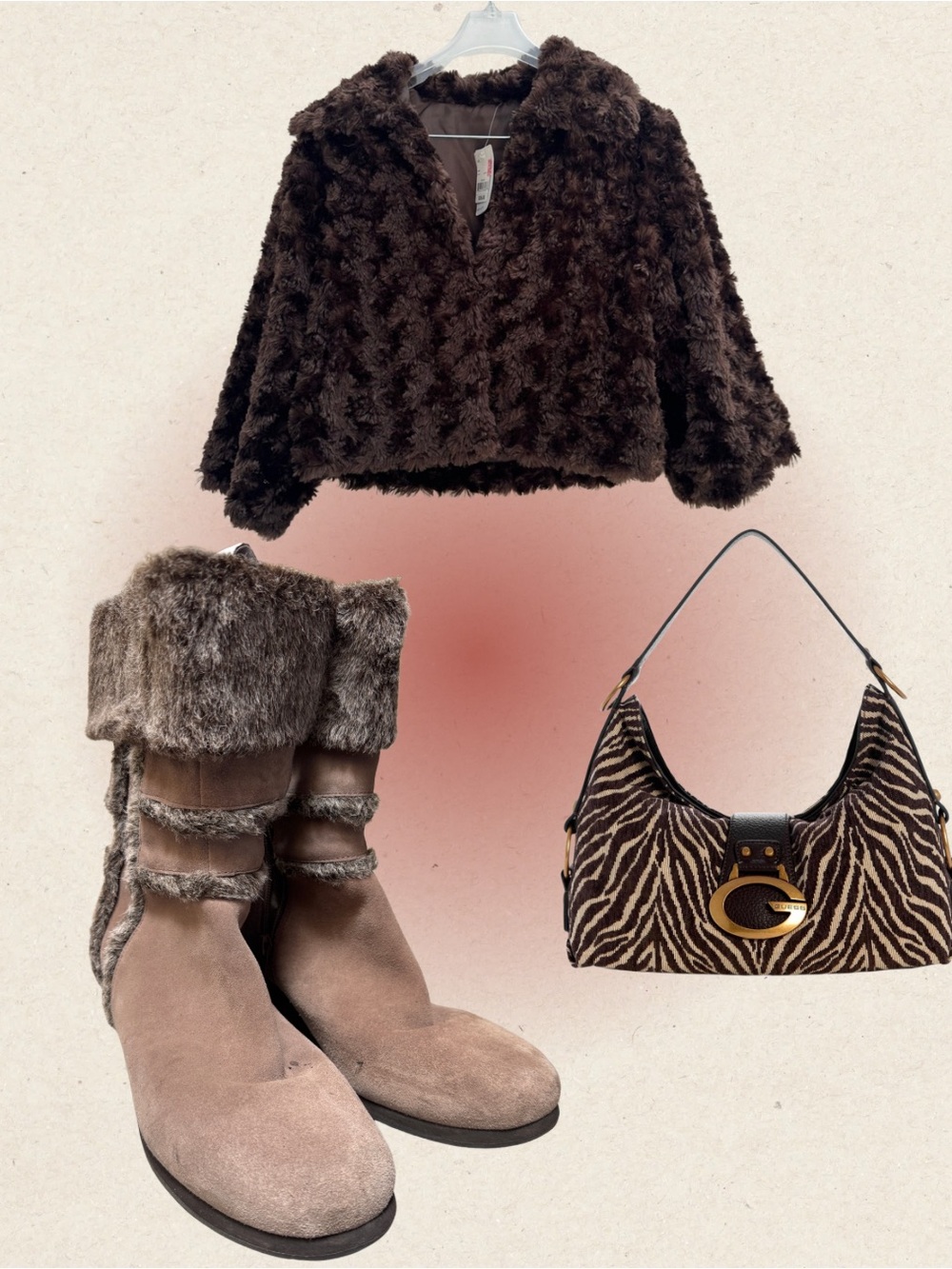Easy Spirit Y2K Taupe Suede Faux-Fur Trim Wedge Ankle Boots